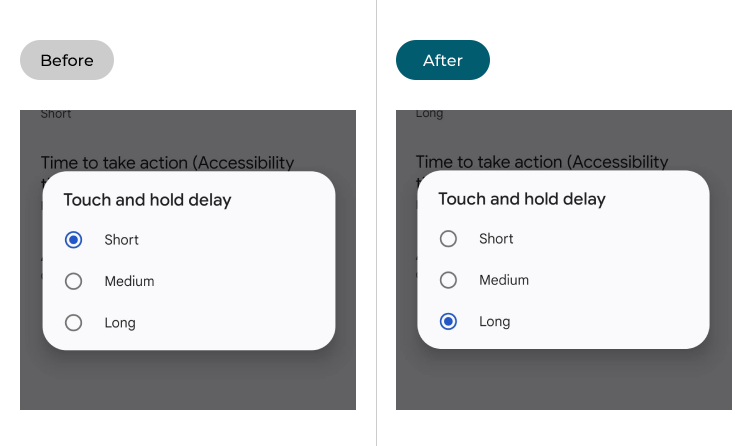 The Touch and hold settings before and after adjustment
